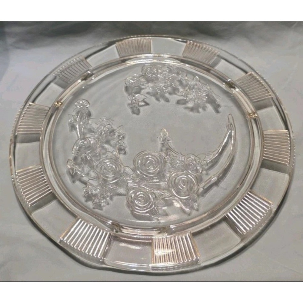 Federal Glass Sharon‎ "Cabbage Rose" Clear Glass Footed Cake Plate 1930's